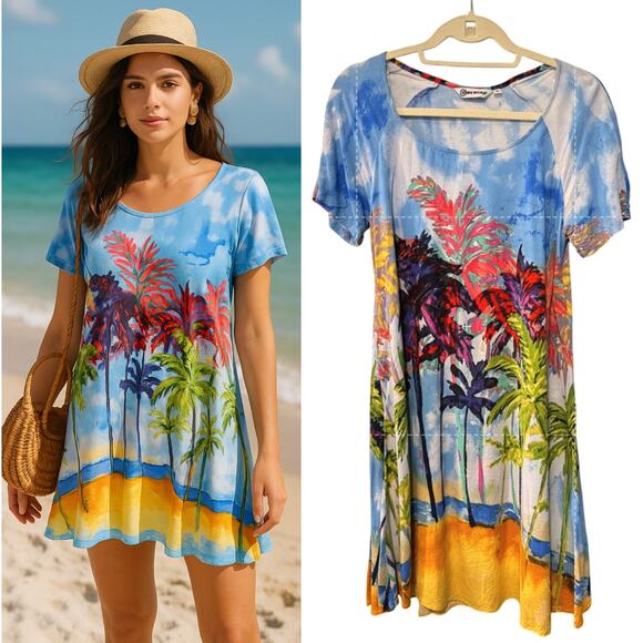 Jams World S Vintage y2k Tropical Palm Tree Tie-Dye Hattie Dress Hawaiian Bright - Picture 1 of 7